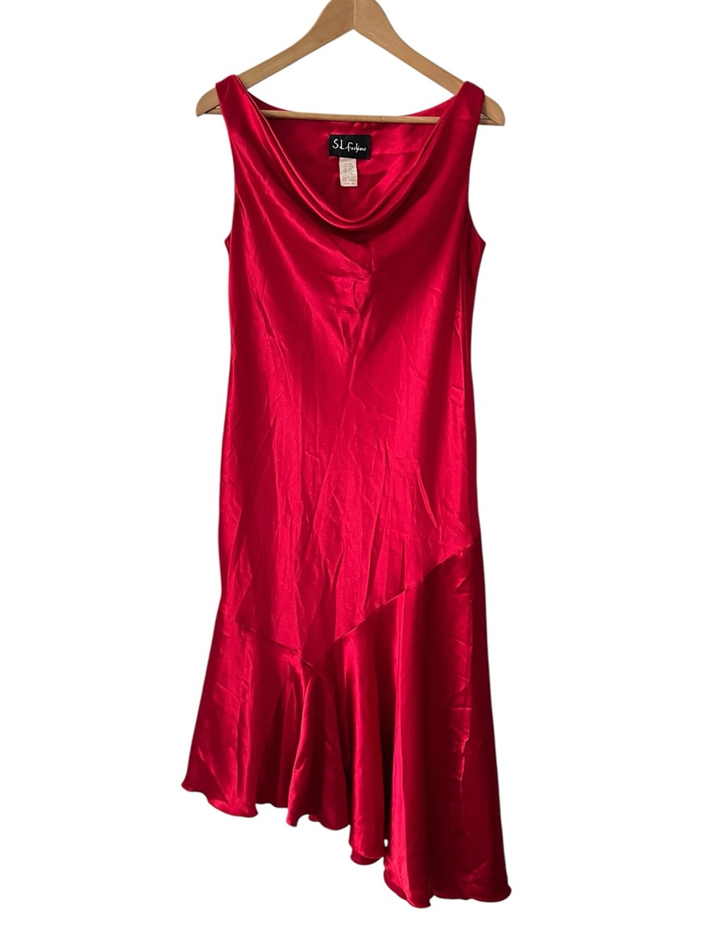 Vintage 90’s Red Satin Asymmetrical Cowl Neck Dress